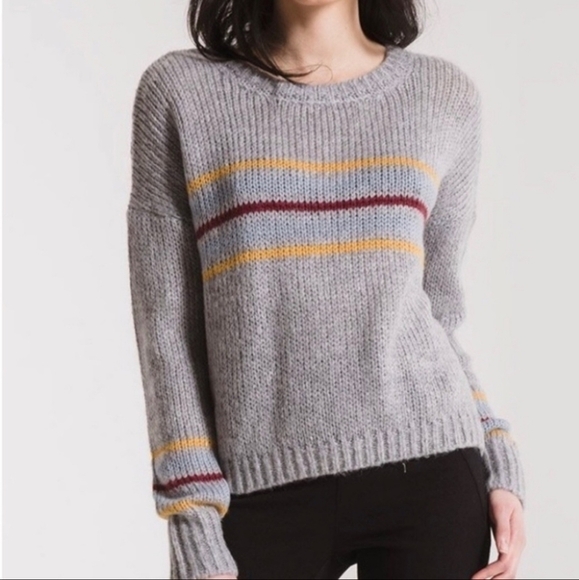 RaG POeTs • Striped Grey Sweater Mohair Blend Women's Small S Balloon Sleeves - Picture 1 of 4
